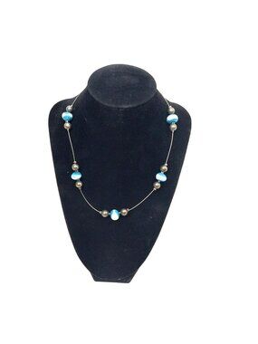 Artisan Blue & White Glass Bead Necklace Silver-Tone Spacers On Wire Strand